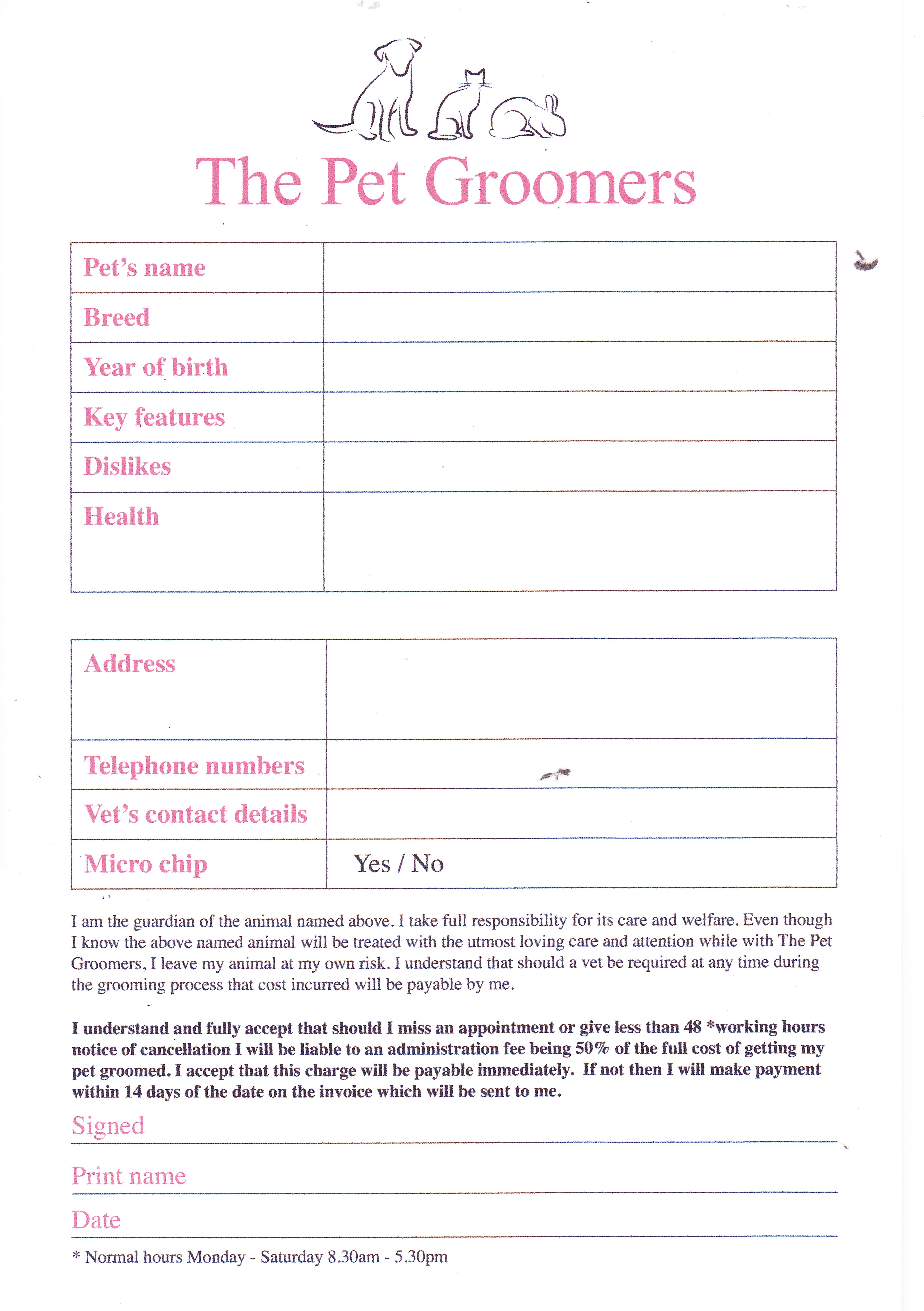 Free Printable Client Pet Information Forms For Dog Groomers
